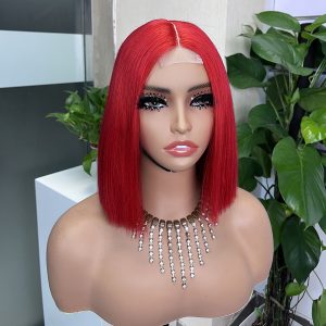 2x6 Red Colored Straight BOB Lace Closure Virgin Human Hair Wig